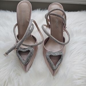 Miss Lola Blush Satin Heels with Rhinestone Accents